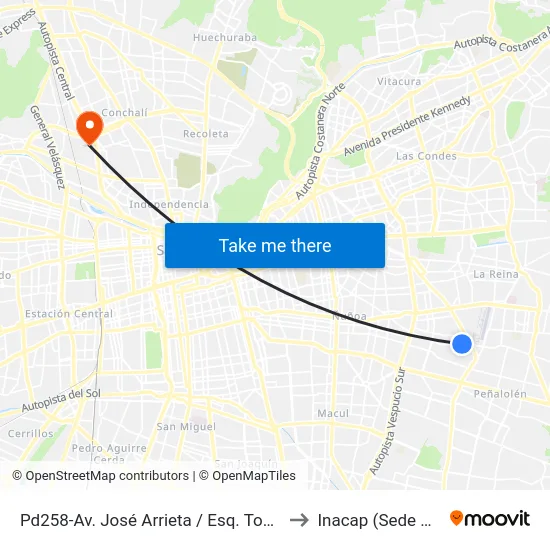 Pd258-Av. José Arrieta / Esq. Tobias Barros to Inacap (Sede Renca) map