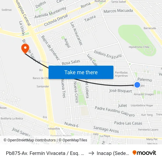 Pb875-Av. Fermín Vivaceta / Esq. Nueva De Matte to Inacap (Sede Renca) map