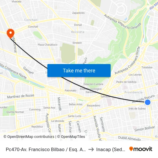 Pc470-Av. Francisco Bilbao / Esq. Avenida Los Leones to Inacap (Sede Renca) map