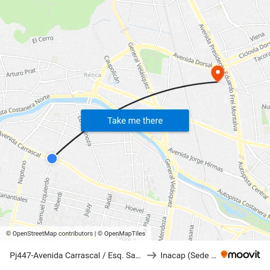 Pj447-Avenida Carrascal / Esq. Samuel Izquierdo to Inacap (Sede Renca) map