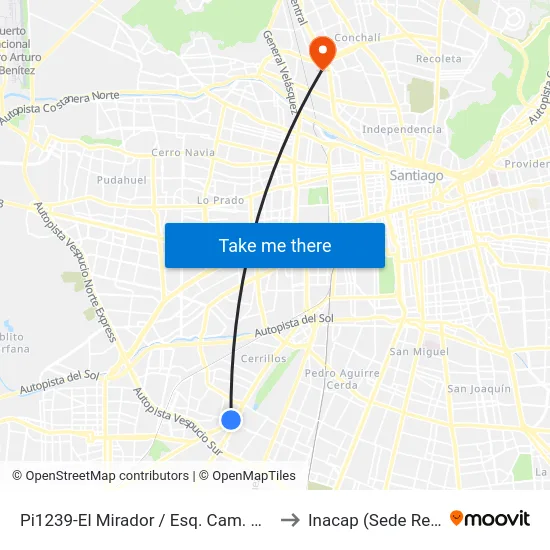 Pi1239-El Mirador / Esq. Cam. Melipilla to Inacap (Sede Renca) map