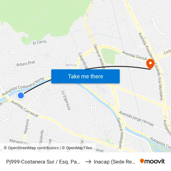 Pj999-Costanera Sur / Esq. Pasaje C to Inacap (Sede Renca) map