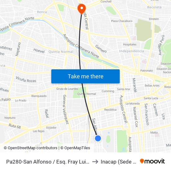 Pa280-San Alfonso / Esq. Fray Luis De La Peña to Inacap (Sede Renca) map