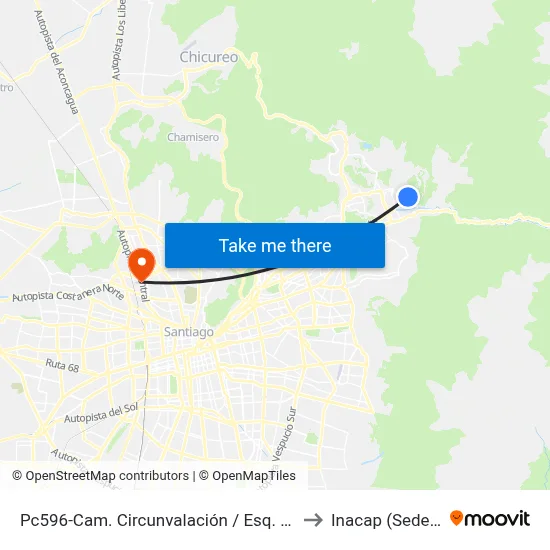 Pc596-Cam. Circunvalación / Esq. Camino Cerro 18 to Inacap (Sede Renca) map