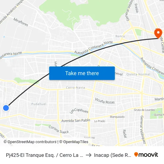 Pj425-El Tranque Esq. / Cerro La Campana to Inacap (Sede Renca) map