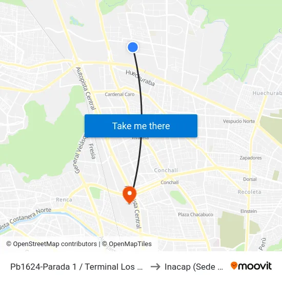 Pb1624-Parada 1 / Terminal Los Libertadores to Inacap (Sede Renca) map