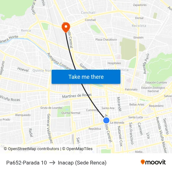 Pa652-Parada 10 to Inacap (Sede Renca) map