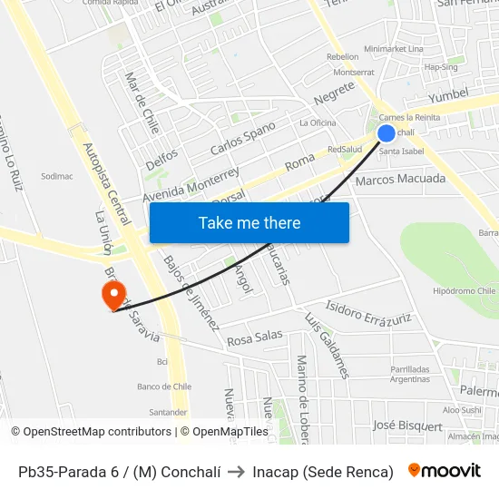 Pb35-Parada 6 / (M) Conchalí to Inacap (Sede Renca) map