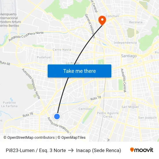 Pi823-Lumen / Esq. 3 Norte to Inacap (Sede Renca) map