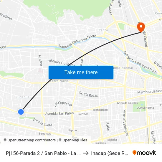 Pj156-Parada 2 / San Pablo - La Estrella to Inacap (Sede Renca) map
