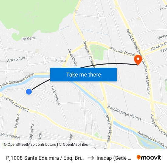 Pj1008-Santa Edelmira / Esq. Brisas Del Río to Inacap (Sede Renca) map