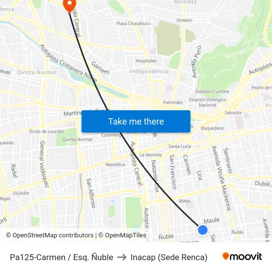 Pa125-Carmen / Esq. Ñuble to Inacap (Sede Renca) map