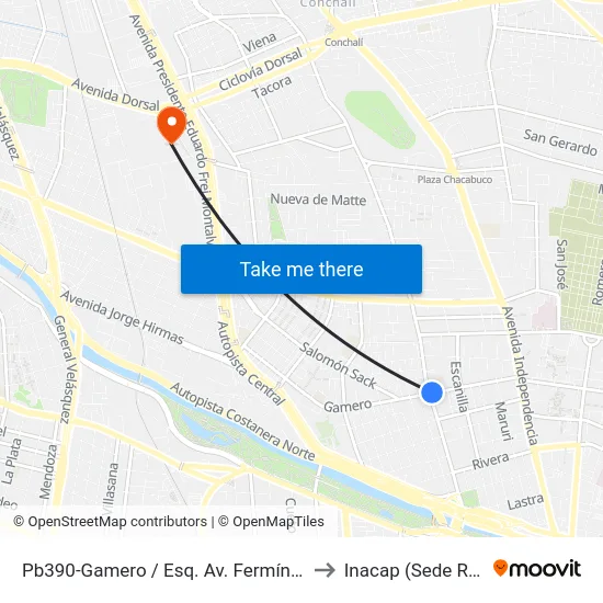 Pb390-Gamero / Esq. Av. Fermín Vivaceta to Inacap (Sede Renca) map