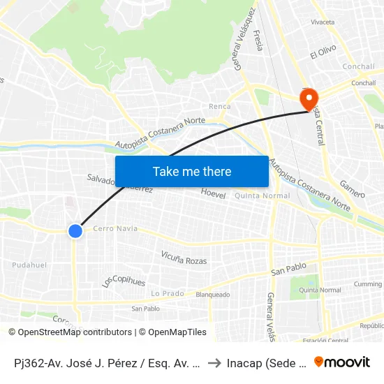 Pj362-Av. José J. Pérez / Esq. Av. Teniente Cruz to Inacap (Sede Renca) map
