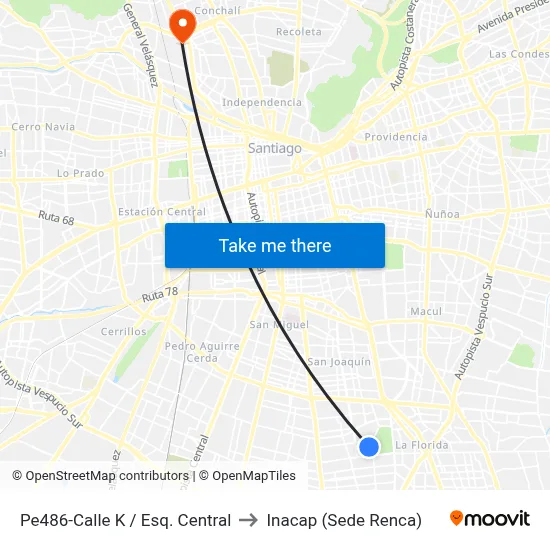 Pe486-Calle K / Esq. Central to Inacap (Sede Renca) map