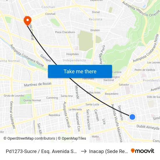 Pd1273-Sucre / Esq. Avenida Salvador to Inacap (Sede Renca) map