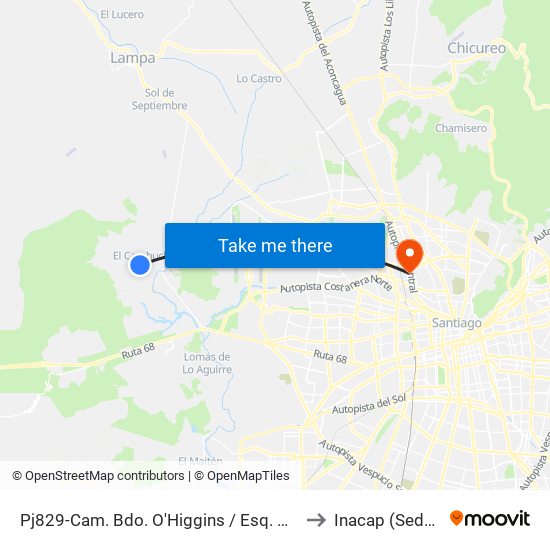 Pj829-Cam. Bdo. O'Higgins / Esq. Cam. El Cambucho to Inacap (Sede Renca) map