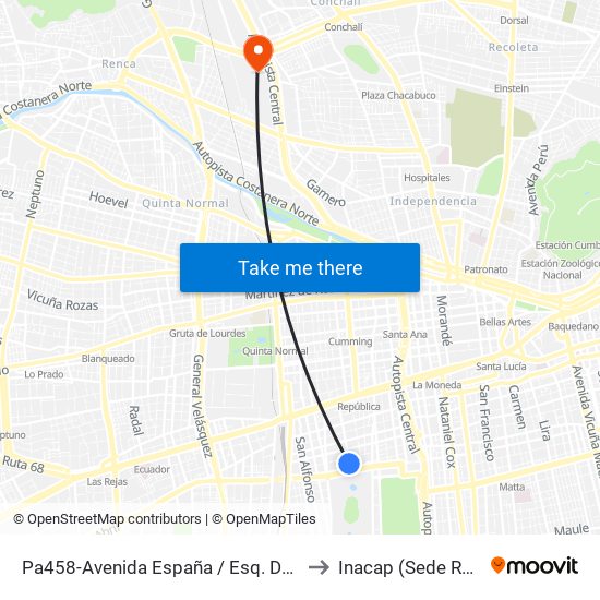 Pa458-Avenida España / Esq. Domeyko to Inacap (Sede Renca) map