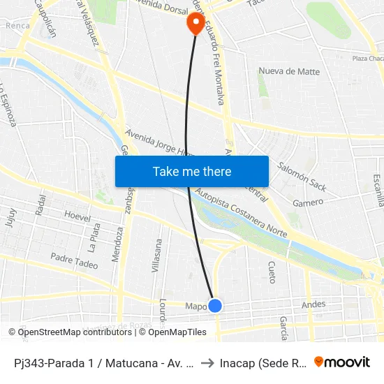Pj343-Parada 1 / Matucana - Av. Mapocho to Inacap (Sede Renca) map