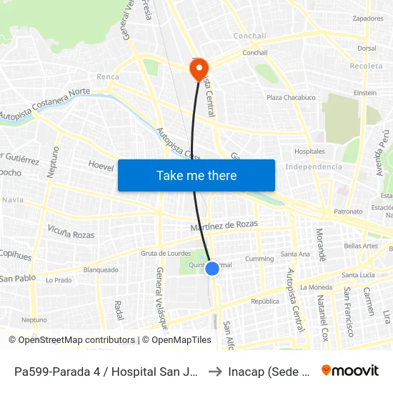 Pa599-Parada 4 / Hospital San Juan De Dios to Inacap (Sede Renca) map