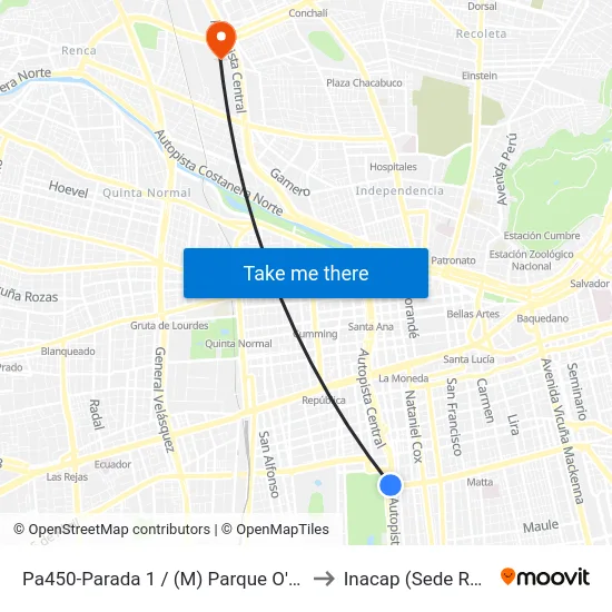 Pa450-Parada 1 / (M) Parque O'Higgins to Inacap (Sede Renca) map
