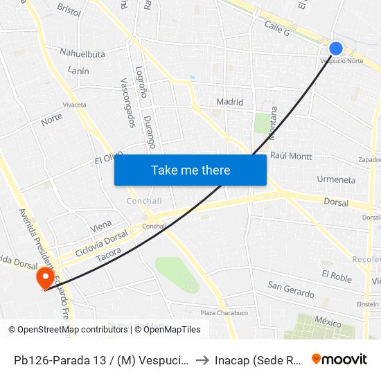 Pb126-Parada 13 / (M) Vespucio Norte to Inacap (Sede Renca) map