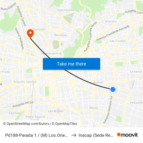 Pd188-Parada 1 / (M) Los.Orientales to Inacap (Sede Renca) map