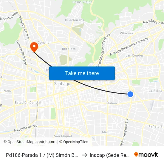 Pd186-Parada 1 / (M) Simón Bolívar to Inacap (Sede Renca) map