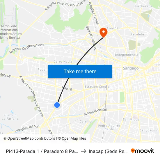 Pi413-Parada 1 / Paradero 8 Pajaritos to Inacap (Sede Renca) map