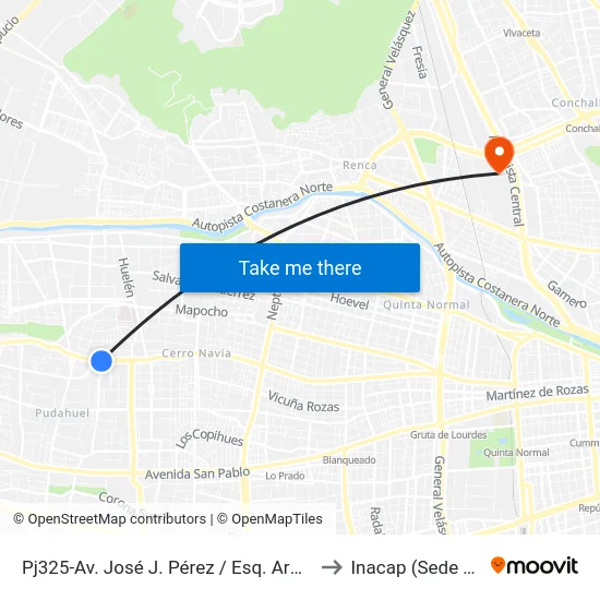 Pj325-Av. José J. Pérez / Esq. Arbizu Campos to Inacap (Sede Renca) map