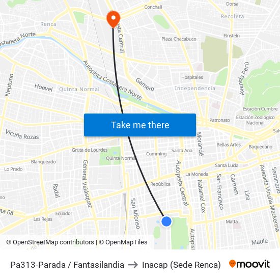 Pa313-Parada / Fantasilandia to Inacap (Sede Renca) map