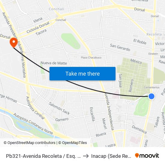 Pb321-Avenida Recoleta / Esq. Unión to Inacap (Sede Renca) map