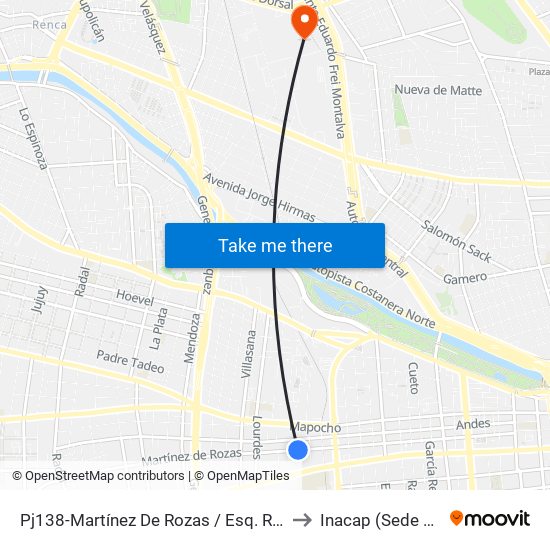 Pj138-Martínez De Rozas / Esq. Rivas Vicuña to Inacap (Sede Renca) map