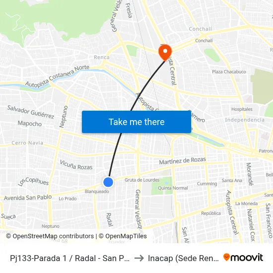 Pj133-Parada 1 / Radal - San Pablo to Inacap (Sede Renca) map