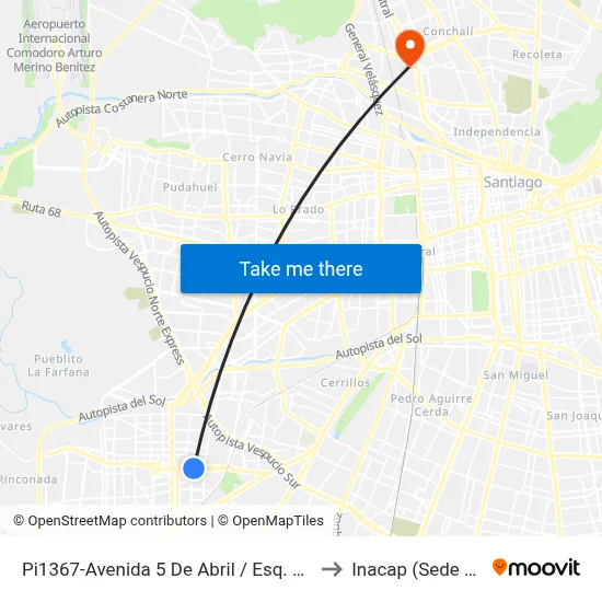 Pi1367-Avenida 5 De Abril / Esq. Las Terrazas to Inacap (Sede Renca) map