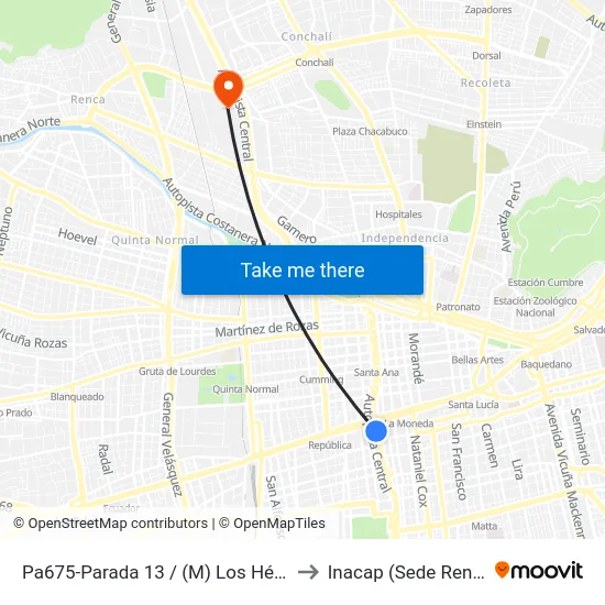 Pa675-Parada 13 / (M) Los Héroes to Inacap (Sede Renca) map