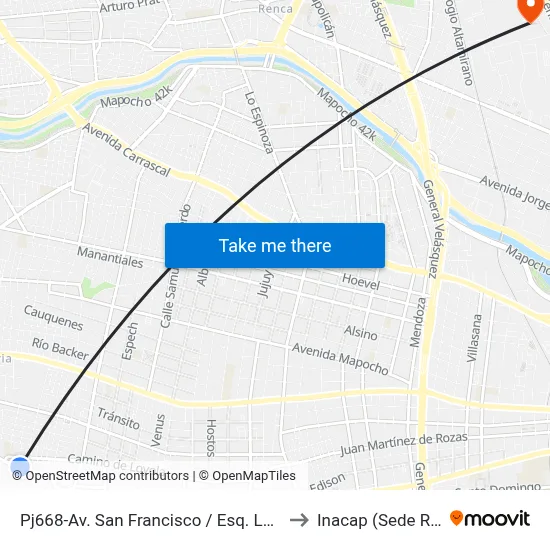 Pj668-Av. San Francisco / Esq. Las Violetas to Inacap (Sede Renca) map