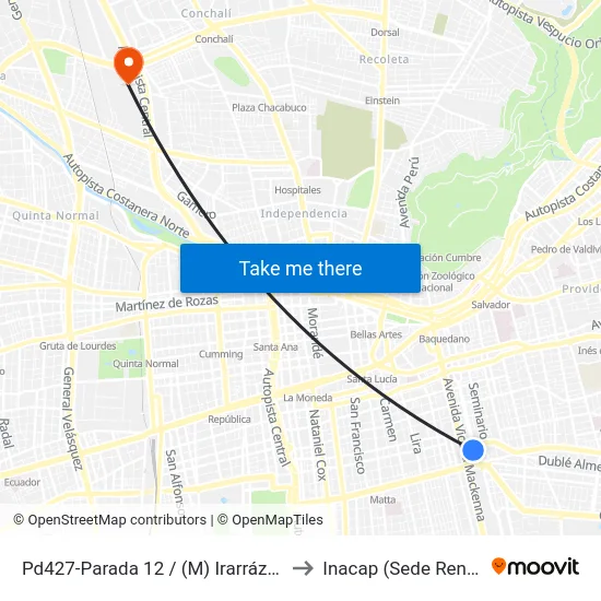 Pd427-Parada 12 / (M) Irarrázaval to Inacap (Sede Renca) map