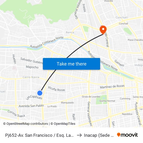 Pj652-Av. San Francisco / Esq. Las Margaritas to Inacap (Sede Renca) map