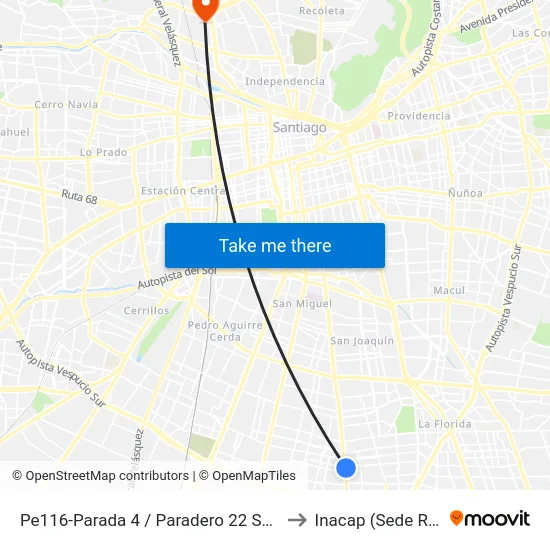 Pe116-Parada 4 / Paradero 22 Santa Rosa to Inacap (Sede Renca) map