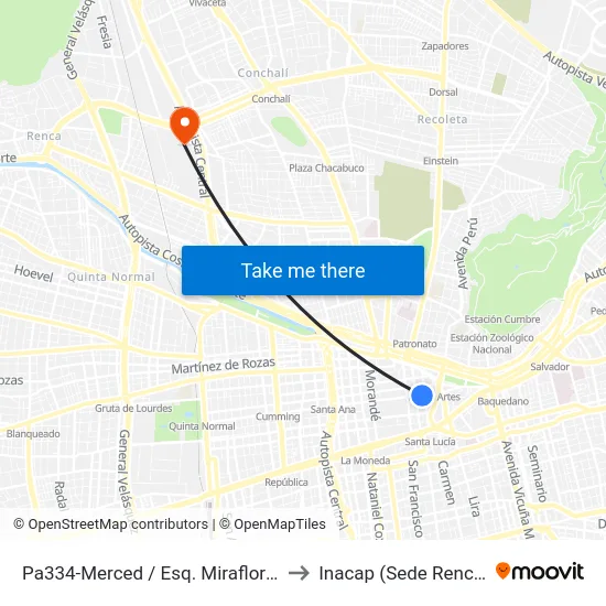Pa334-Merced / Esq. Miraflores to Inacap (Sede Renca) map