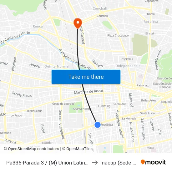 Pa335-Parada 3 / (M) Unión Latinoamericana to Inacap (Sede Renca) map