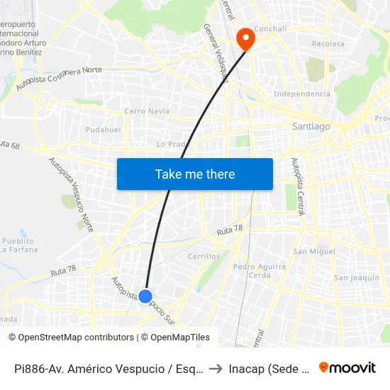 Pi886-Av. Américo Vespucio / Esq. El Universo to Inacap (Sede Renca) map