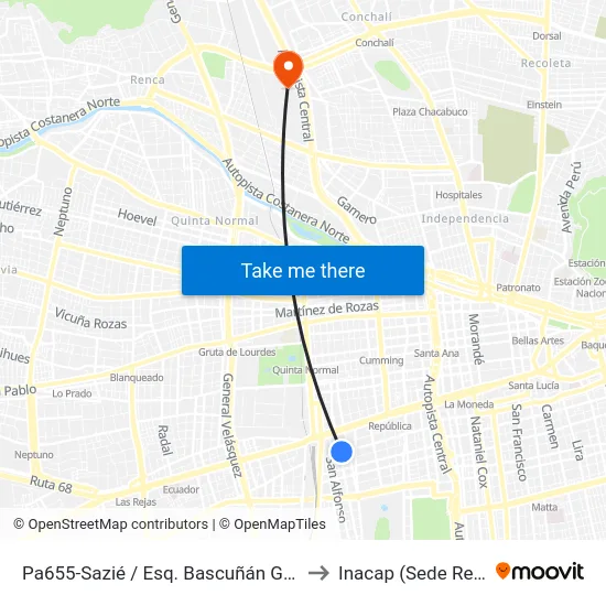 Pa655-Sazié / Esq. Bascuñán Guerrero to Inacap (Sede Renca) map