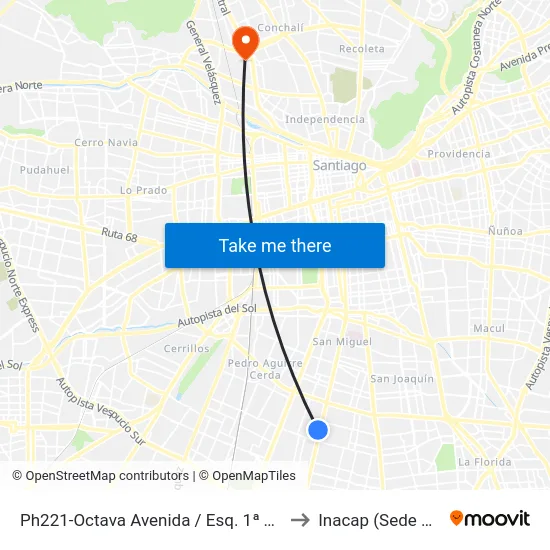 Ph221-Octava Avenida / Esq. 1ª Transversal to Inacap (Sede Renca) map