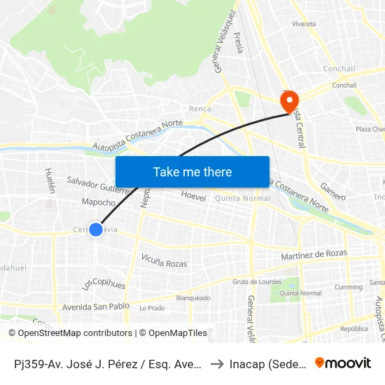 Pj359-Av. José J. Pérez / Esq. Avenida Las Torres to Inacap (Sede Renca) map