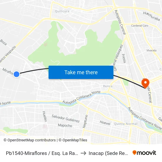 Pb1540-Miraflores / Esq. La Rambla to Inacap (Sede Renca) map