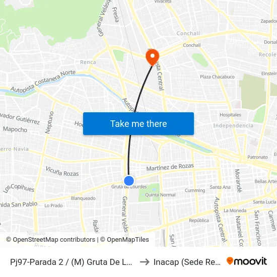 Pj97-Parada 2 / (M) Gruta De Lourdes to Inacap (Sede Renca) map