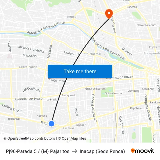 Pj96-Parada 5 / (M) Pajaritos to Inacap (Sede Renca) map
