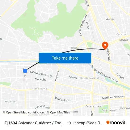 Pj1694-Salvador Gutiérrez / Esq. Huelén to Inacap (Sede Renca) map